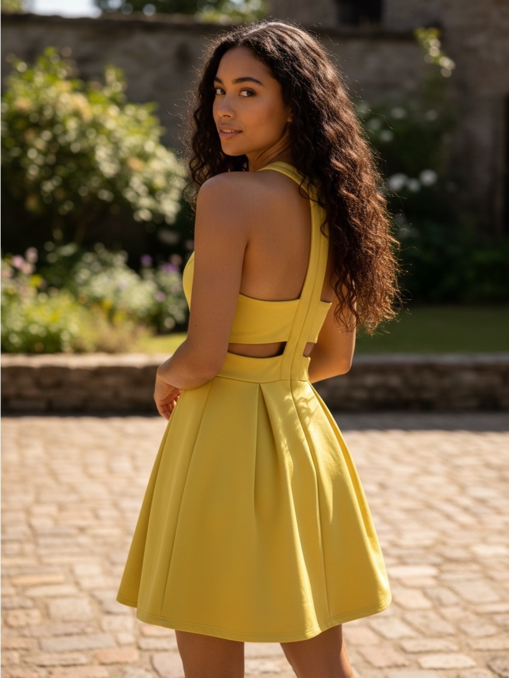 Lulus Cutout and About Yellow Open Back Fit Flare Mini Dress XS